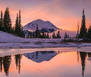 Wschód słońca, Park Narodowy Mount Rainier, Zima, Drzewa, Stratowulkan Mount Rainier, Stany Zjednoczone, Góry, Stan Waszyngton, Odbicie, Jezioro, Tipsoo Lake