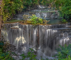 Wodospad Erawan, Kaskada, Tajlandia, Drzewa, Prowincja Kanchanaburi, Park Narodowy Erawan