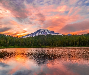 Jezioro, Chmury, Stratowulkan Mount Rainier, Góra, Stany Zjednoczone, Drzewa, Park Narodowy Mount Rainier, Stan Waszyngton, Reflection Lake