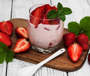 Łyżeczka, Deski, Jogurt, Deser, Truskawki, Listki
