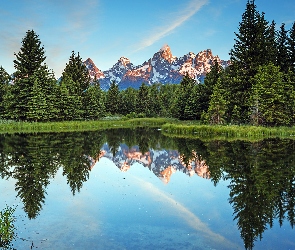 Góry Skaliste, Snake River, Park Narodowy Grand Teton, Rzeka, Stan Wyoming, Drzewa, Stany Zjednoczone, Odbicie