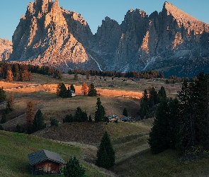 Val Gardena, Dolina, Włochy, Góry, Sassolungo, Dolomity, Seiser Alm, Domy, Drzewa, Drewniane, Płaskowyż