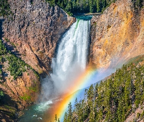 Stany Zjednoczone, Tęcza, Drzewa, Stan Wyoming, Wodospad, Górny, Upper Yellowstone River Falls, Rzeka Yellowstone, Skały, Park Narodowy Yellowstone