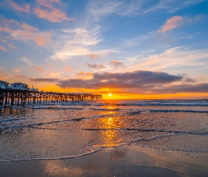 Zachód słońca, Molo, Kalifornia, Chmury, Morze, Stany Zjednoczone, San Diego
