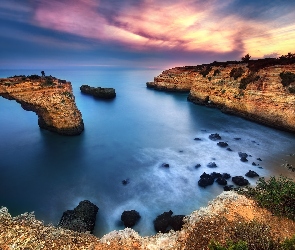 Region Algarve, Wschód słońca, Skały, Morze, Portugalia
