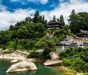 Chmury, Kamienie, Świątynia, Japonia, Tohoku, Drzewa