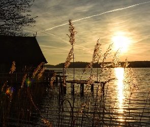Pomost, Zachód słońca, Trawy, Jezioro, Dom