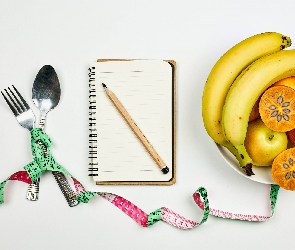 Ołówek, Sztućce, Notes, Owoce, Kompozycja, Białe, Dieta, Tło, Miarka