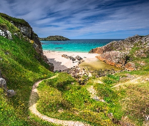 Achmelvich Beach, Ścieżka, Morze, Skały, Żółte, Szkocja, Zatoka, Kwiaty, Plaża, Achmelvich Bay, Góry