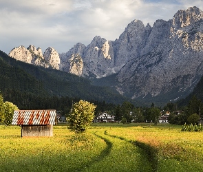 Góry, Łąka, Drzewa, Domy, Las