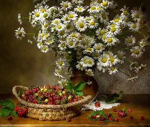 Poziomki, Stół, Rumiany, Wazon, Koszyk