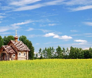 Kościół, Las, Drzewa, Łąka, Drewniany