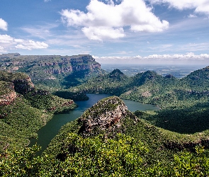 Rzeka, Lasy, Kanion, Góry Smocze, Republika Południowej Afryki, Chmury, Drzewa, Prowincja Mpumalanga, Blyde River