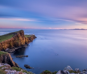 Klif, Latarnia morska, Wybrzeże, Morze Szkockie, Szkocja, Półwysep Duirinish, Neist Point Lighthouse, Wyspa Skye, Skały