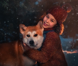Uśmiech, Shiba inu, Pies, Czapka, Dziewczynka