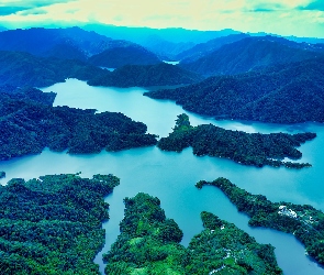 Jezioro Tysiąca Wysp, Jezioro Qiandao Hu, Chiny, Drzewa, Lasy, Prowincja Zhiejiang, Góry