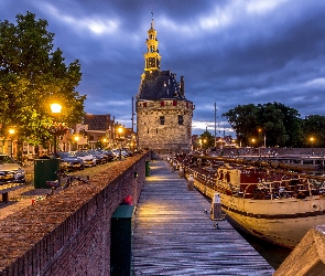 Miasto Hoorn, Przystań, Holandia, Restauracja De Hoofdtoren, Łódki, Budowla, Pomost, Nabrzeże