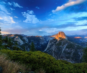 Kalifornia, Park Narodowy Yosemite, Rozświetlona, Stany Zjednoczone, Half Dome, Góry, Góra