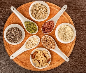 Łyżki, Deska, Kasza, Produkty, Orzechy, Okrągła