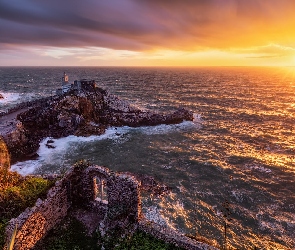 Wybrzeże, Skały, Kościół św Piotra, Chiesa di San Pietro, Włochy, Portovenere, Wschód słońca, Liguria, Morze Liguryjskie