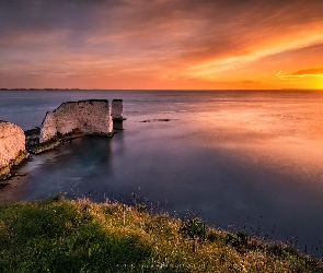 Półwysep Purbeck, Wybrzeże, Morze, Anglia, Old Harry Rocks, Zachód słońca, Skały