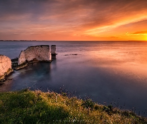 Morze, Zachód słońca, Anglia, Old Harry Rocks, Wybrzeże, Półwysep Purbeck, Skały