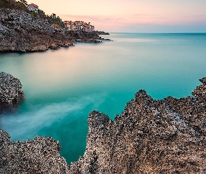 Skały, Domy, Wybrzeże, Morze, Włochy, Gmina La Spezia, Tellaro, Liguria, Zachód słońca