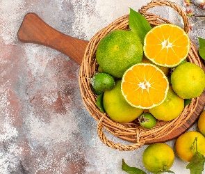 Owoce, Deska, Mandarynki, Koszyk, Cytrusy