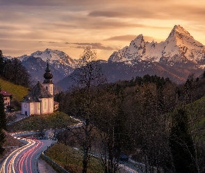 Drzewa, Góry, Sanktuarium Maria Gern, Kościół, Niemcy, Berchtesgaden, Alpy Salzburskie, Bawaria, Droga