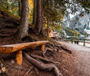 Lago di Braies, Pragser Wildsee, Jezioro, Dolomity, Łódki, Pomost, Drzewa, Włochy, Ławka, Droga, Góry, Korzenie, Ludzie, Domki