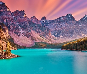 Moraine Lake, Jezioro, Alberta, Lasy, Góry, Kanada, Park Narodowy Banff