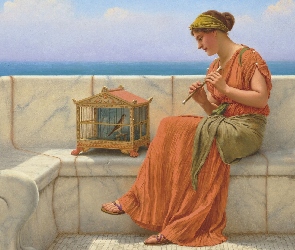 Malarstwo, Ławka, Ptak, Taras, Klatka, Flet, Obraz, John William Godward, Kobieta