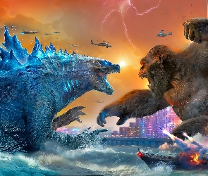 Godzilla vs Kong, Budynki, Plakat, Film, Postaci, Kong, Statek, Godzilla, Helikoptery, Morze, Walka, Samoloty