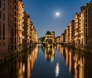 Restauracja Wasserschloss, Kanał, Hamburg, Domy, Mosty, Niemcy, Speicherstadt