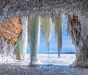 Stany Zjednoczone, Michigan, Jaskinia lodowa, Zima, Sople, Grand Island Ice Caves