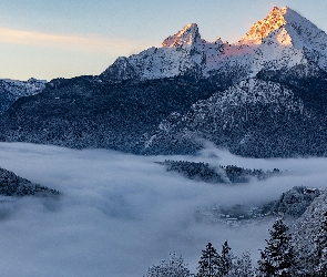 Bawaria, Góra Watzmann, Niemcy, Alpy Berchtesgadeńskie, Drzewa, Zima, Góry, Mgła