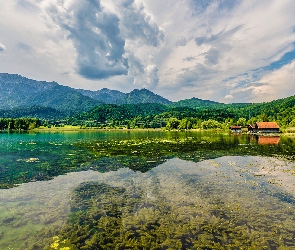 Niebo, Odbicie, Las, Cmury, Jezioro, Góry, Domek