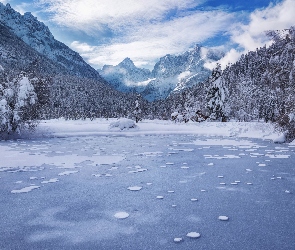 Jezioro Jasna, Góry, Zima, Drzewa, Kranjska Gora, Lasy, Słowenia, Alpy Julijskie