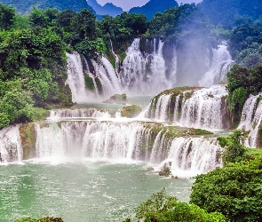 Cao Bang, Rzeka, Ban Gioc Waterfall, Wietnam, Jezioro, Wodospad, Drzewa