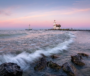 Kamienie, Fala, Het Paard van Marken, Holandia, Jezioro IJsselmeer, Latarnia morska, Półwysep Marken