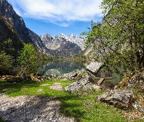 Chata, Jezioro Konigssee, Drewniana, Góry, Bawaria, Drzewo, Niemcy, Park Narodowy Berchtesgaden