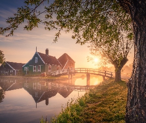 Wschód słońca, Zaandam, Wierzba, Holandia, Skansen Zaanse Schans, Drzewa, Domy, Most, Kanał