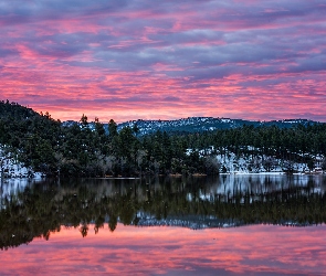 Stany Zjednoczone, Odbicie, Drzewa, Arizona, Niebo, Kolorowe, Góry, Jezioro, Wschód słońca, Lynx Lake