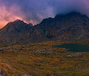 Wschód słońca, Kolorado, Jezioro, Stany Zjednoczone, South Colony Lakes, Łąka, Góry, Sangre de Cristo Mountains, Skały