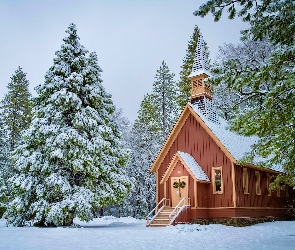 Ośnieżone, Drzewa, Kalifornia, Zima, Kościółek, Stany Zjednoczone, Park Narodowy Yosemite