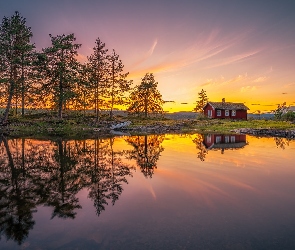 Norwegia, Odbicie, Drzewa, Wschód słońca, Dom, Vaeleren, Ringerike, Tyristrand, Jezioro