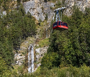 Góry, Drzewa, Wodospad, Skały, Meiringen, Alpy, Szwajcaria, Kolejka górska
