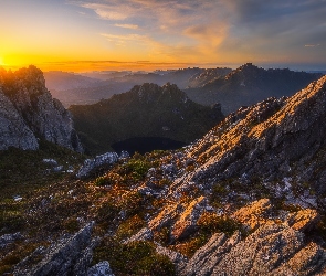 Australia, Tasmania, Skały, Zachód słońca, Góry, Arthur Range