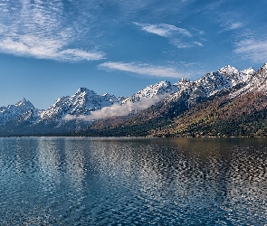 Stany Zjednoczone, Wyoming, Jezioro, Góry, Jackson Lake, Park Narodowy Grand Teton