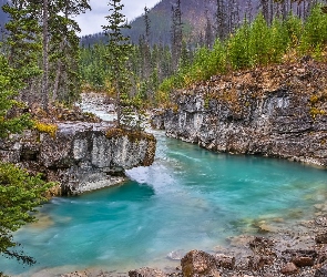 Kamienie, Góry, Skały, Drzewa, Kanada, Kolumbia Brytyjska, Rzeka, Tokumm Creek, Park Narodowy Kootenay, Park prowincjonalny Marble Canyon